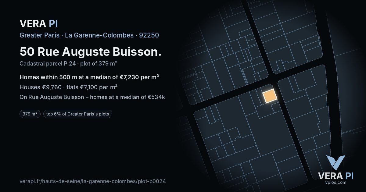 50 Rue Auguste Buisson, La Garenne-Colombes at night – the plot lit, the parcels around coloured by the prices near them