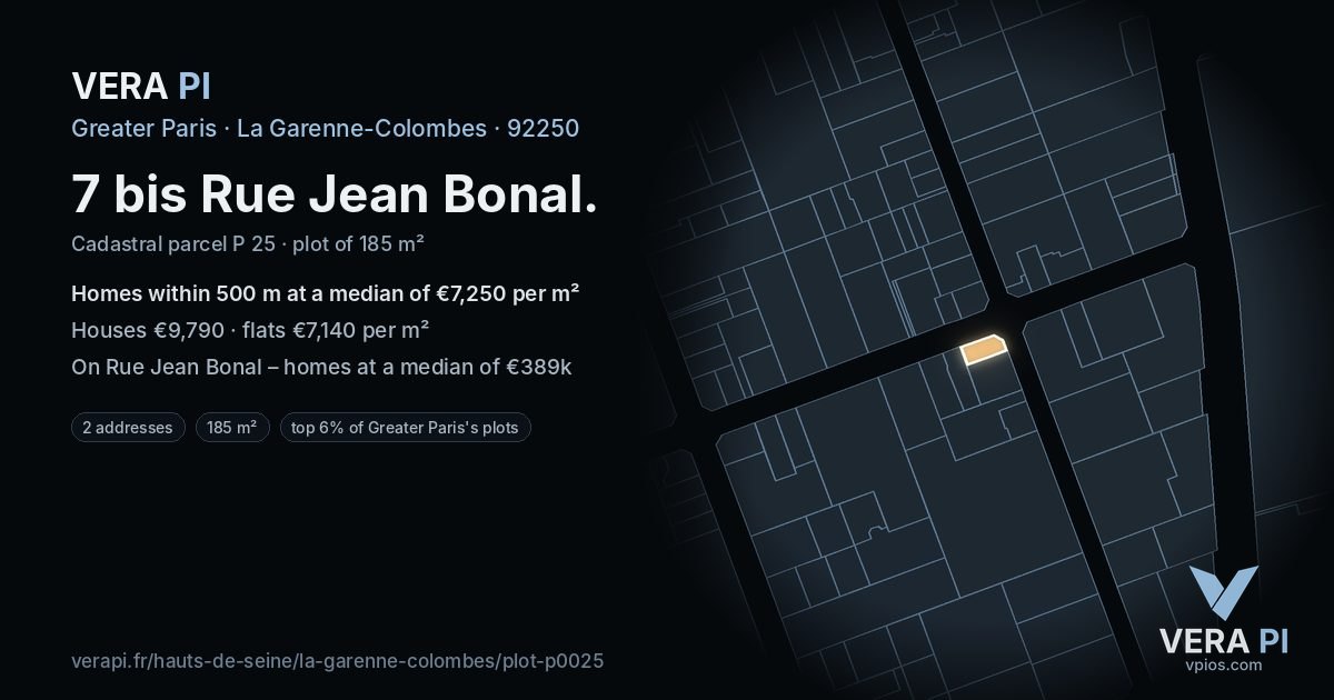 7 bis Rue Jean Bonal, La Garenne-Colombes at night – the plot lit, the parcels around coloured by the prices near them