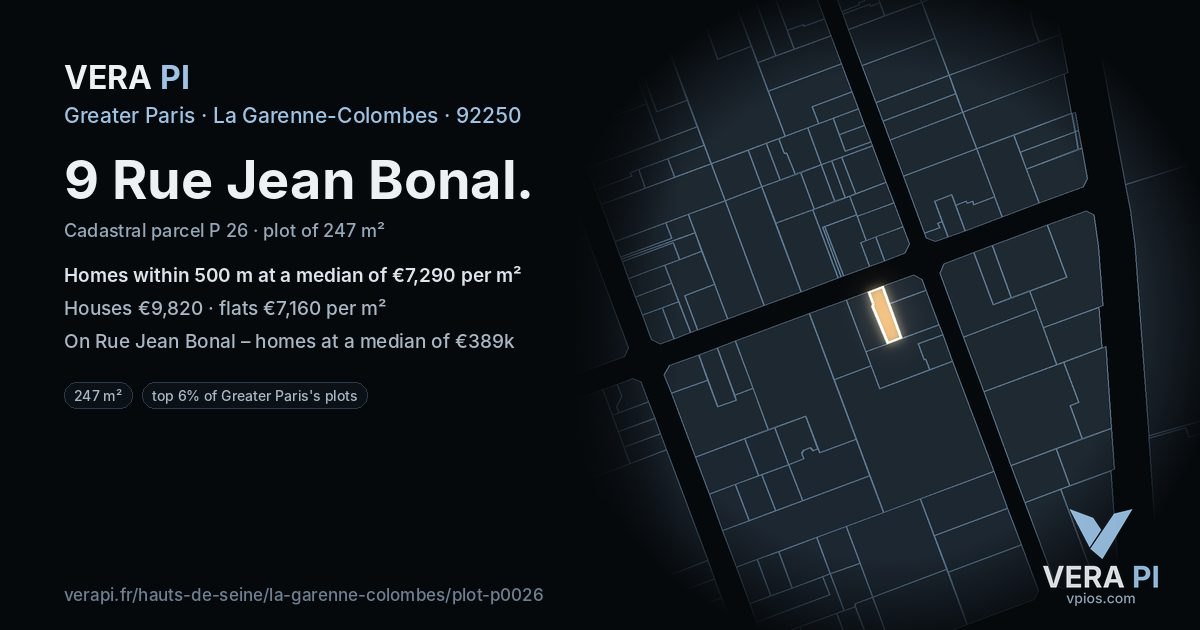 9 Rue Jean Bonal, La Garenne-Colombes at night – the plot lit, the parcels around coloured by the prices near them