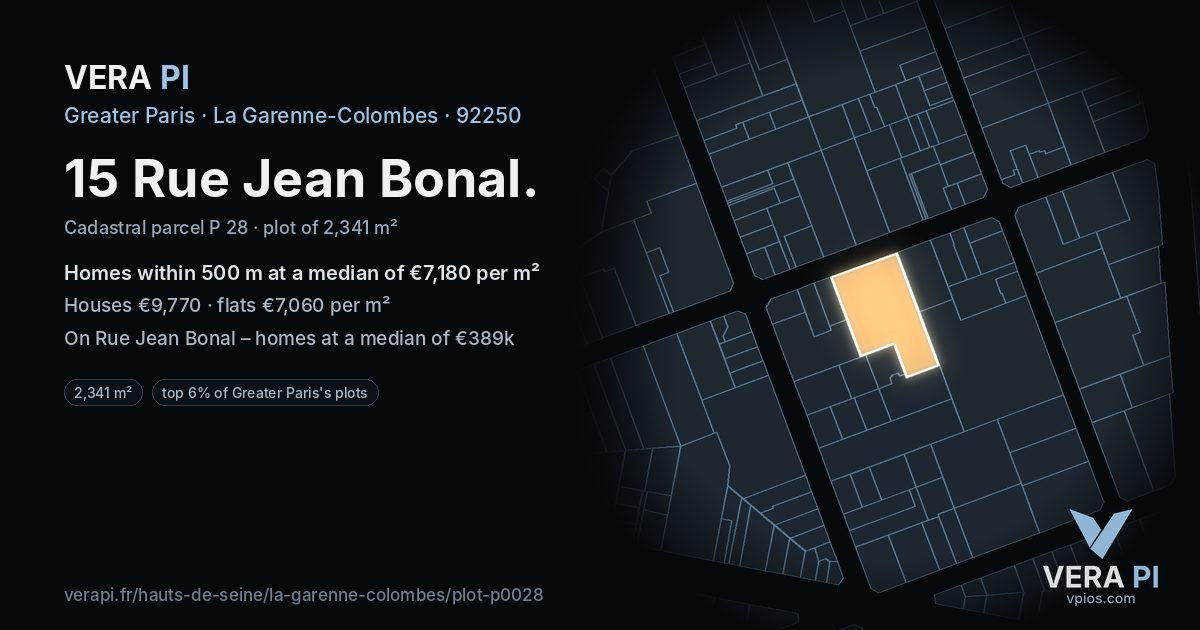 15 Rue Jean Bonal, La Garenne-Colombes at night – the plot lit, the parcels around coloured by the prices near them