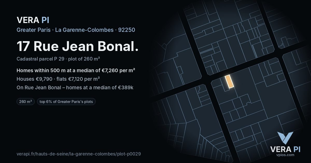 17 Rue Jean Bonal, La Garenne-Colombes at night – the plot lit, the parcels around coloured by the prices near them