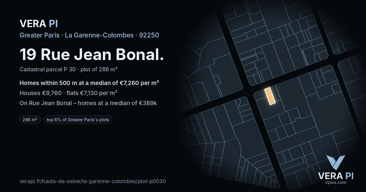19 Rue Jean Bonal, La Garenne-Colombes at night – the plot lit, the parcels around coloured by the prices near them