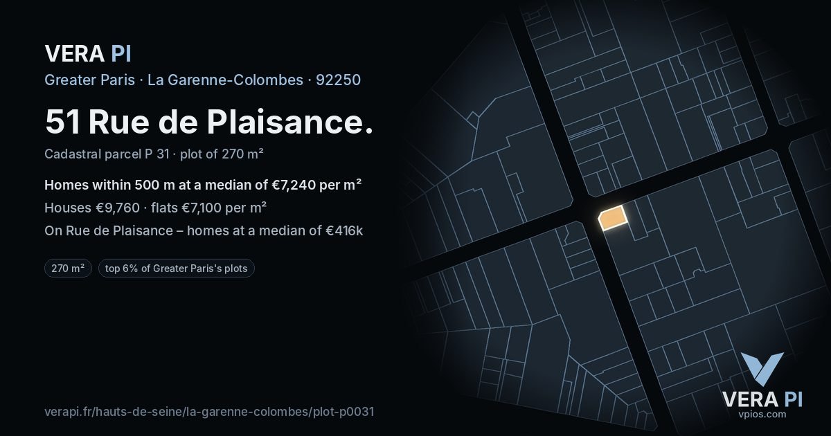 51 Rue de Plaisance, La Garenne-Colombes at night – the plot lit, the parcels around coloured by the prices near them