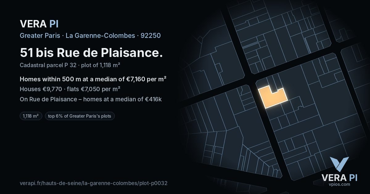 51 bis Rue de Plaisance, La Garenne-Colombes at night – the plot lit, the parcels around coloured by the prices near them
