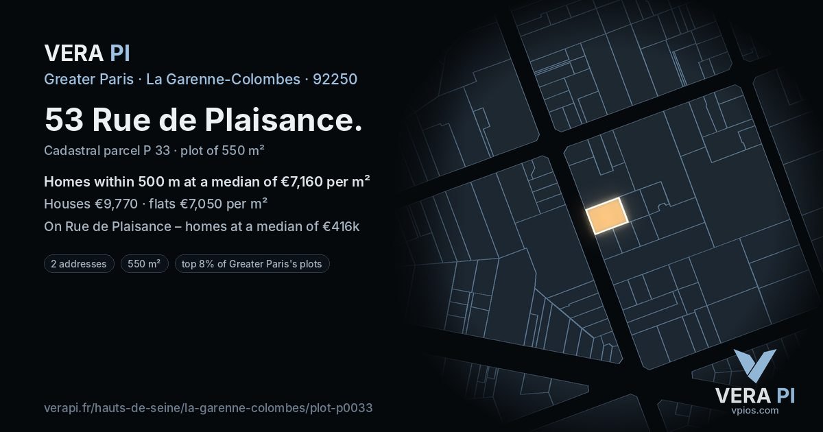 53 Rue de Plaisance, La Garenne-Colombes at night – the plot lit, the parcels around coloured by the prices near them