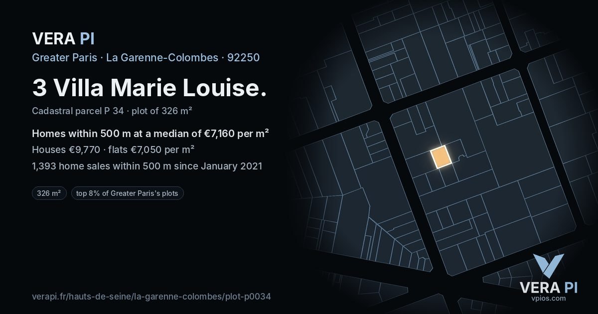 3 Villa Marie Louise, La Garenne-Colombes at night – the plot lit, the parcels around coloured by the prices near them