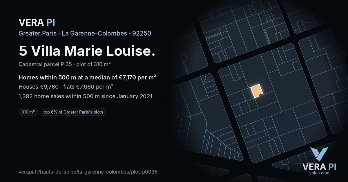 5 Villa Marie Louise, La Garenne-Colombes at night – the plot lit, the parcels around coloured by the prices near them