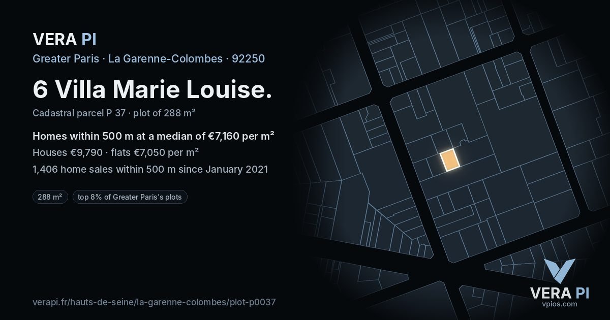6 Villa Marie Louise, La Garenne-Colombes at night – the plot lit, the parcels around coloured by the prices near them