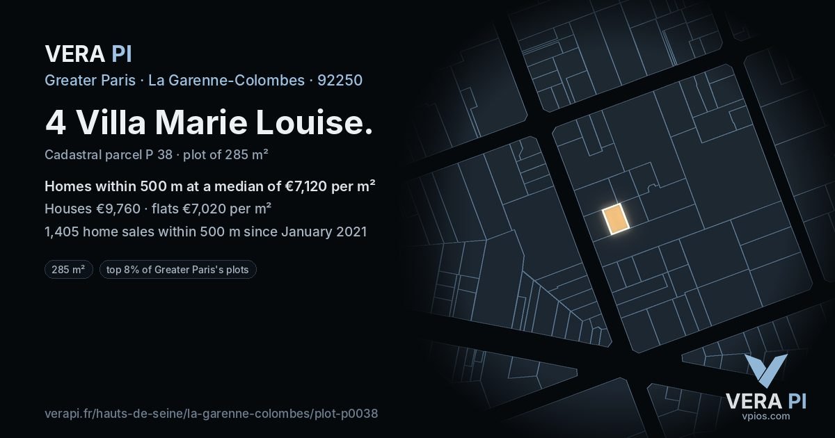 4 Villa Marie Louise, La Garenne-Colombes at night – the plot lit, the parcels around coloured by the prices near them