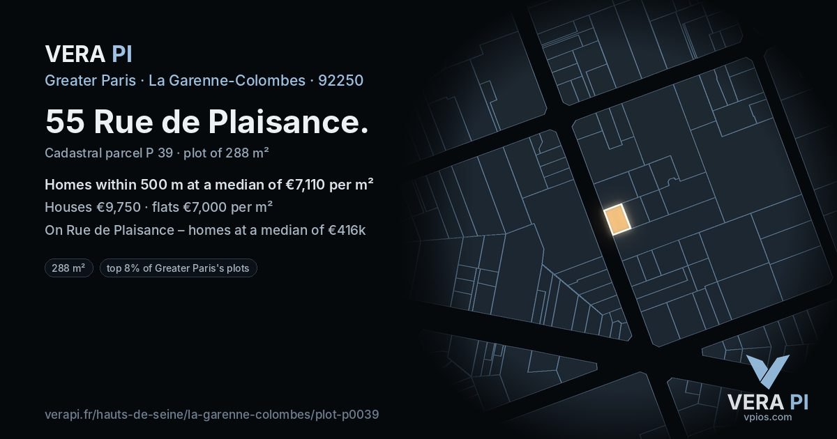 55 Rue de Plaisance, La Garenne-Colombes at night – the plot lit, the parcels around coloured by the prices near them