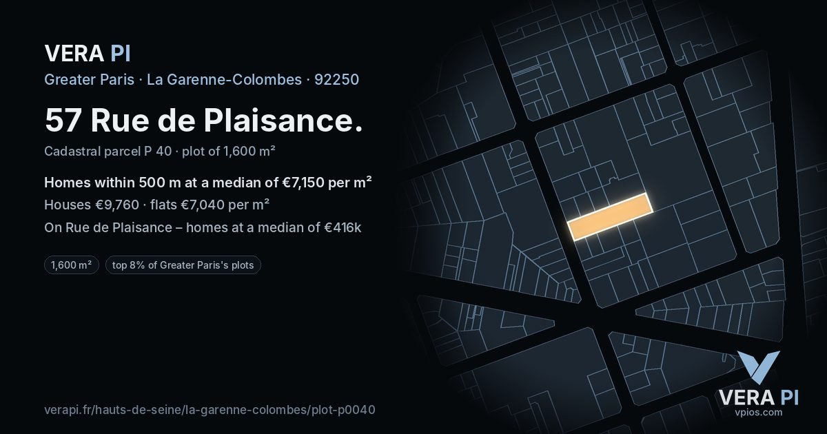 57 Rue de Plaisance, La Garenne-Colombes at night – the plot lit, the parcels around coloured by the prices near them