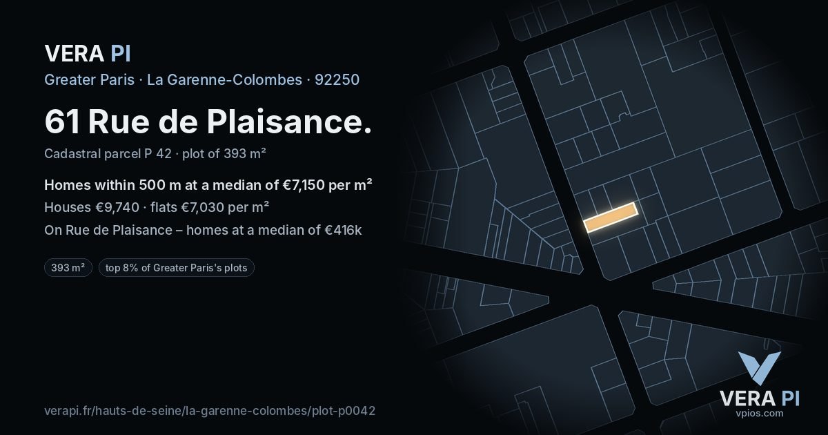 61 Rue de Plaisance, La Garenne-Colombes at night – the plot lit, the parcels around coloured by the prices near them