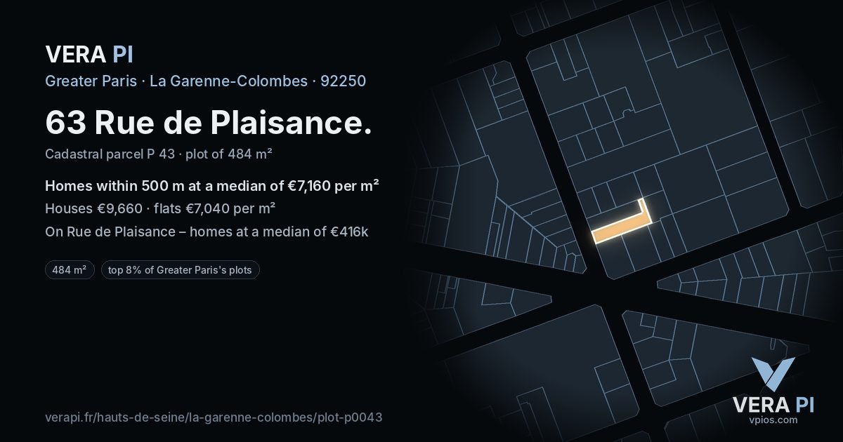 63 Rue de Plaisance, La Garenne-Colombes at night – the plot lit, the parcels around coloured by the prices near them