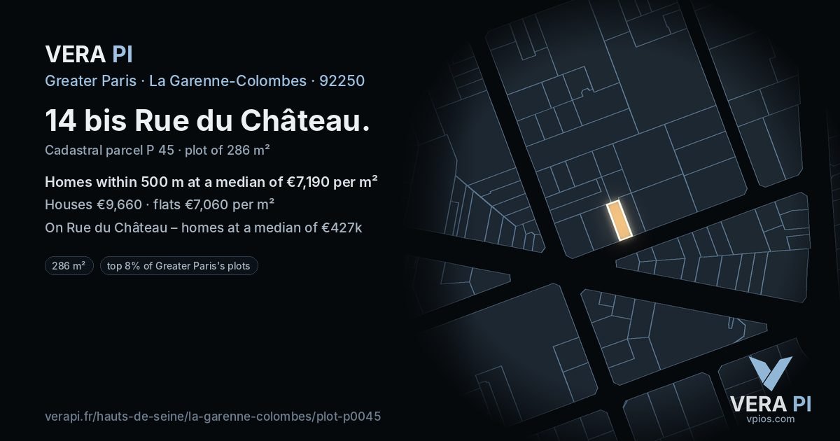 14 bis Rue du Château, La Garenne-Colombes at night – the plot lit, the parcels around coloured by the prices near them