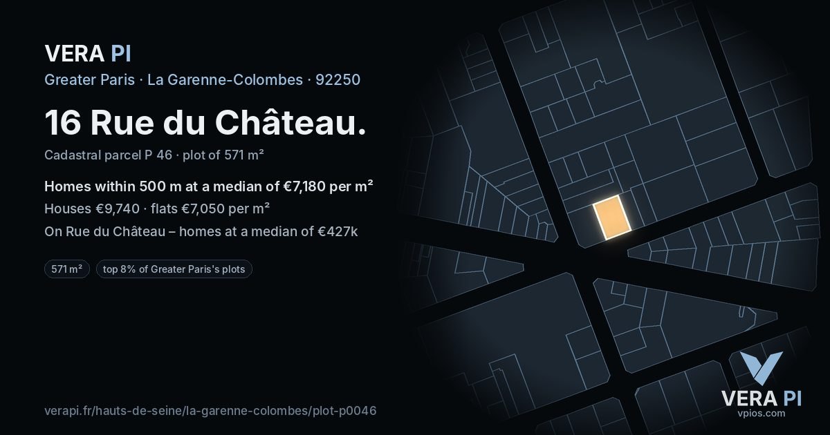 16 Rue du Château, La Garenne-Colombes at night – the plot lit, the parcels around coloured by the prices near them