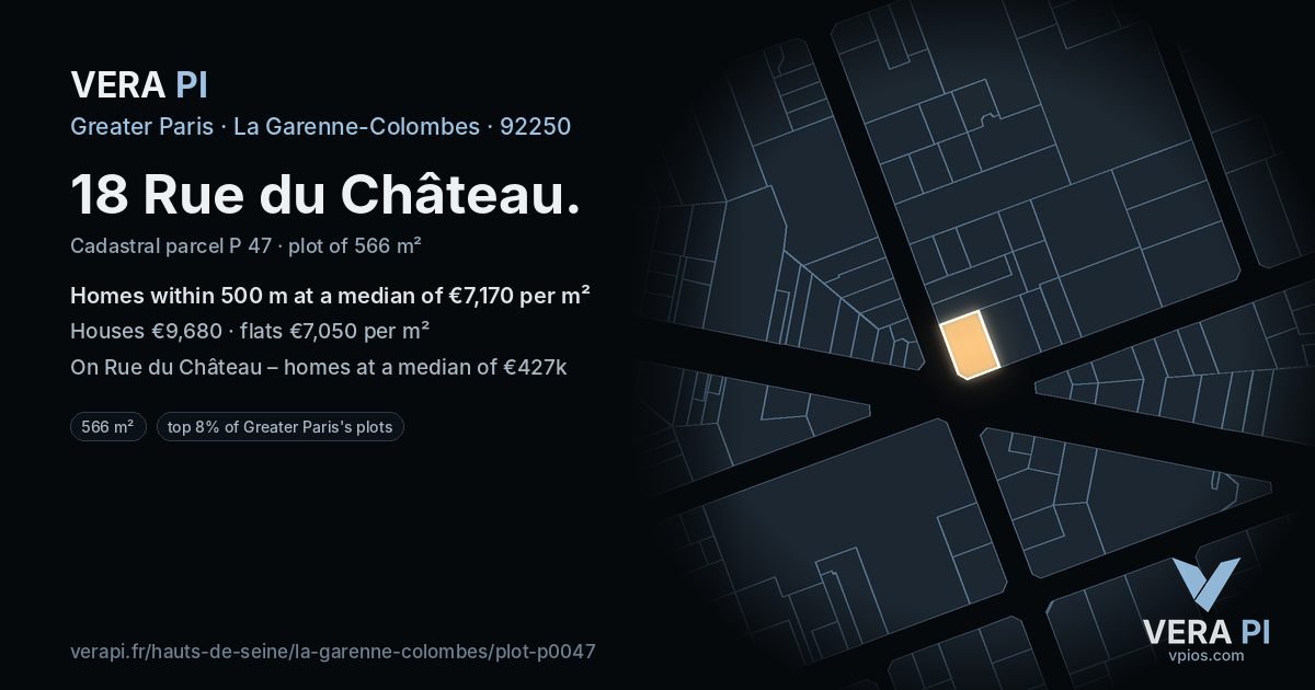 18 Rue du Château, La Garenne-Colombes at night – the plot lit, the parcels around coloured by the prices near them