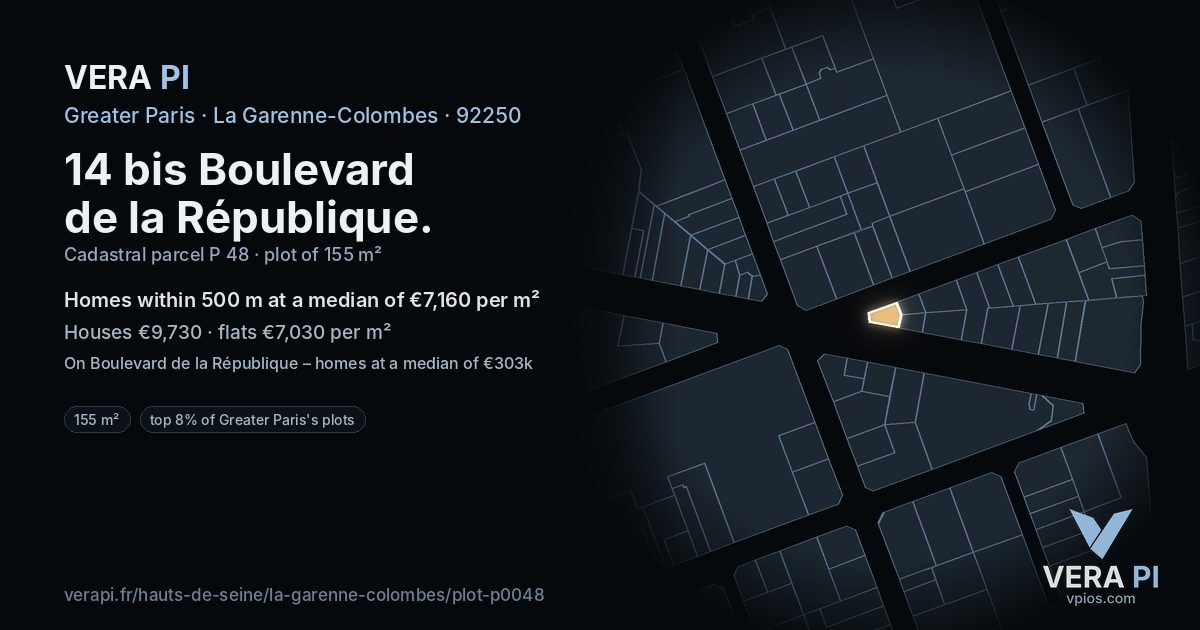 14 bis Boulevard de la République, La Garenne-Colombes at night – the plot lit, the parcels around coloured by the prices near them