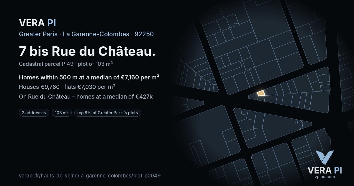 7 bis Rue du Château, La Garenne-Colombes at night – the plot lit, the parcels around coloured by the prices near them