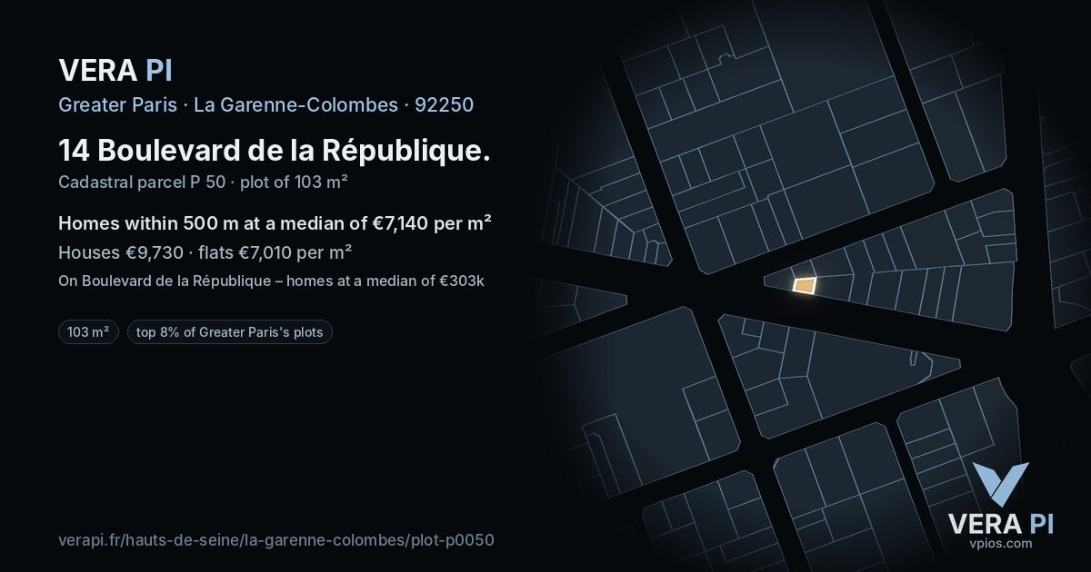 14 Boulevard de la République, La Garenne-Colombes at night – the plot lit, the parcels around coloured by the prices near them