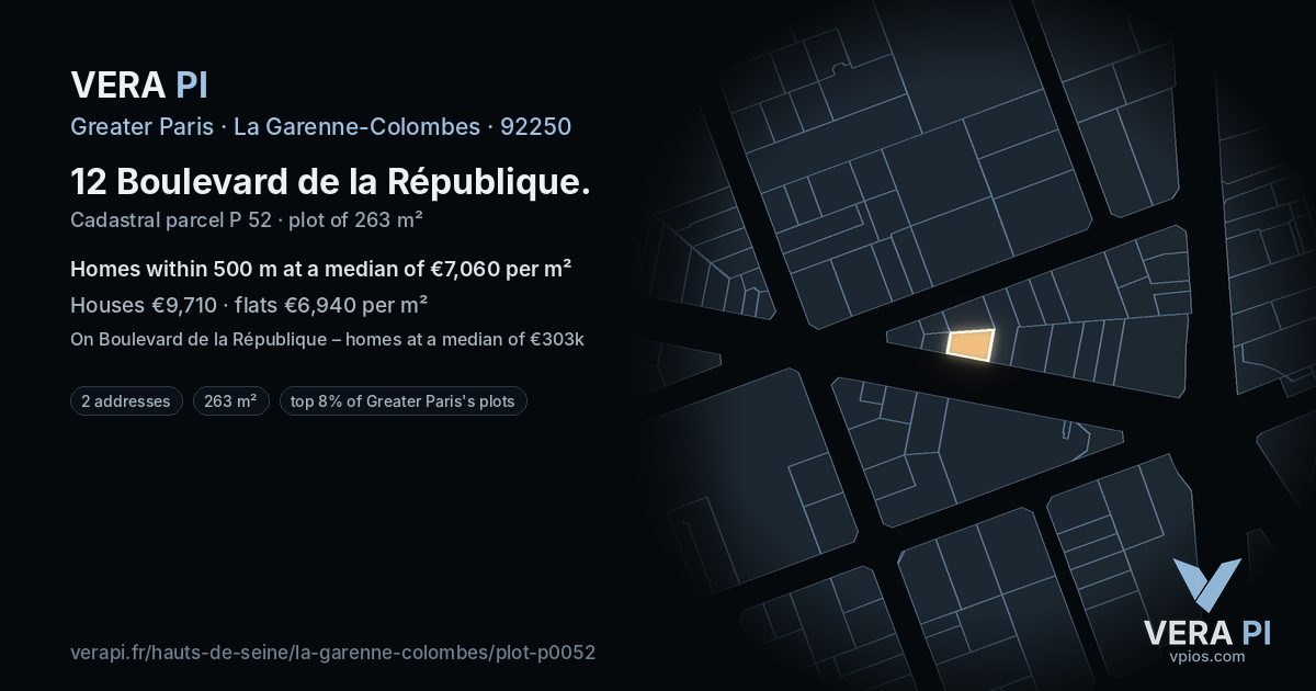 12 Boulevard de la République, La Garenne-Colombes at night – the plot lit, the parcels around coloured by the prices near them