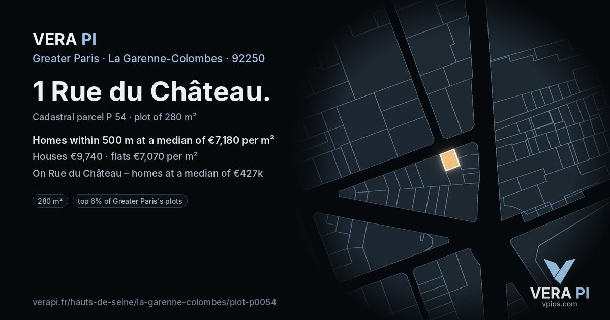 1 Rue du Château, La Garenne-Colombes at night – the plot lit, the parcels around coloured by the prices near them