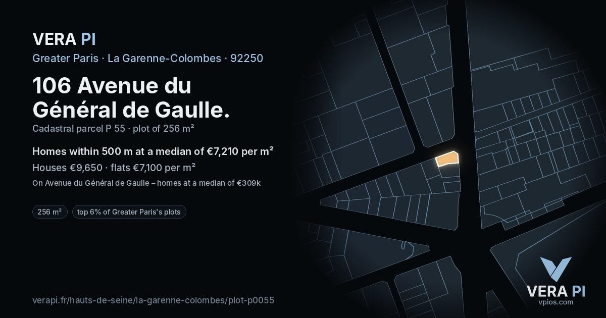106 Avenue du Général de Gaulle, La Garenne-Colombes at night – the plot lit, the parcels around coloured by the prices near them