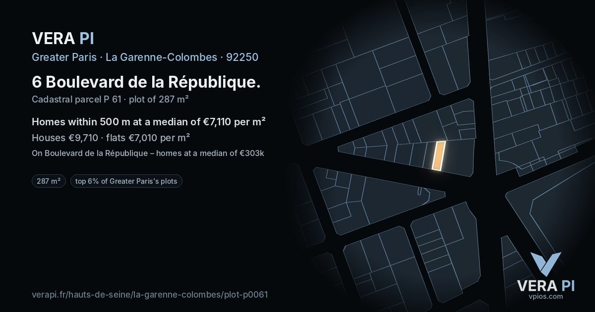 6 Boulevard de la République, La Garenne-Colombes at night – the plot lit, the parcels around coloured by the prices near them