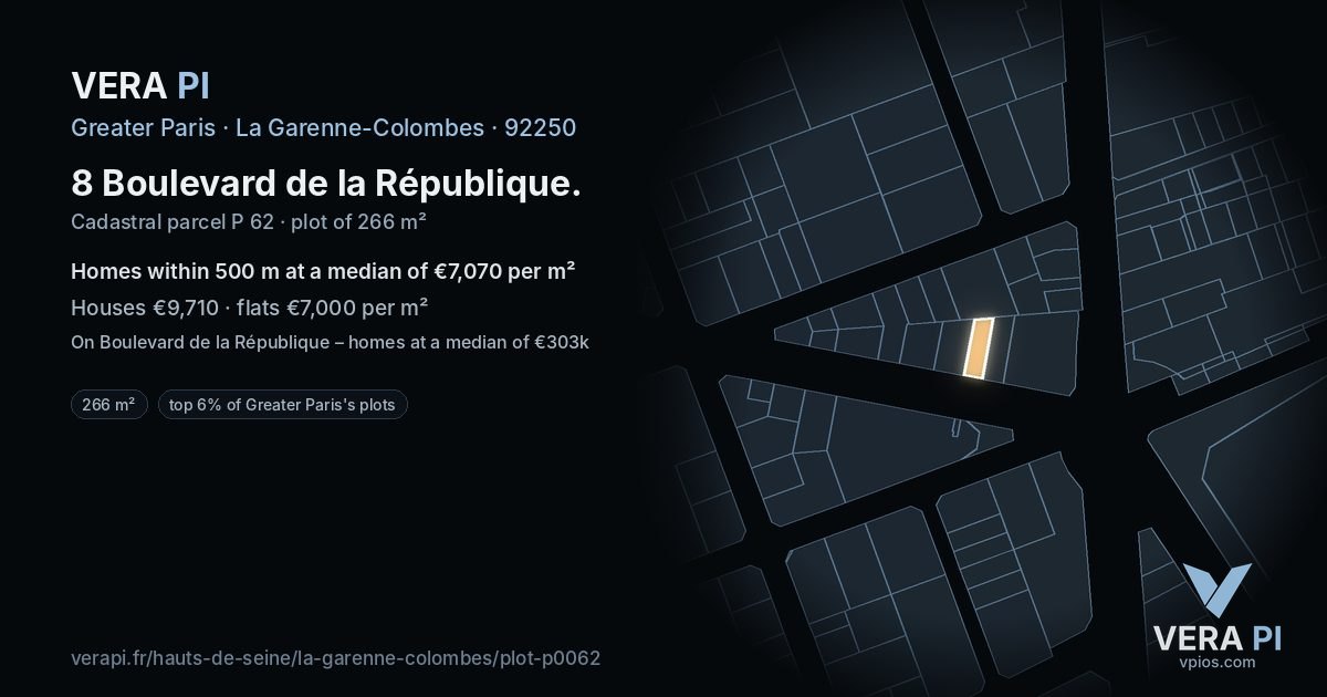 8 Boulevard de la République, La Garenne-Colombes at night – the plot lit, the parcels around coloured by the prices near them