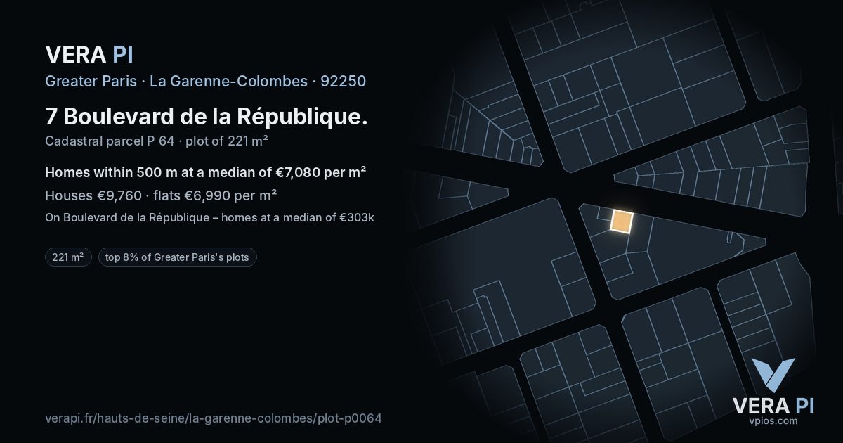 7 Boulevard de la République, La Garenne-Colombes at night – the plot lit, the parcels around coloured by the prices near them