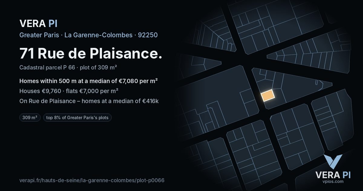 71 Rue de Plaisance, La Garenne-Colombes at night – the plot lit, the parcels around coloured by the prices near them