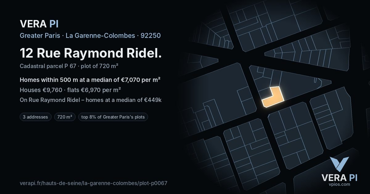 12 Rue Raymond Ridel, La Garenne-Colombes at night – the plot lit, the parcels around coloured by the prices near them