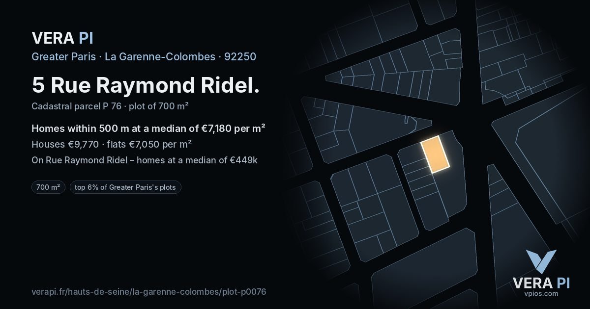 5 Rue Raymond Ridel, La Garenne-Colombes at night – the plot lit, the parcels around coloured by the prices near them