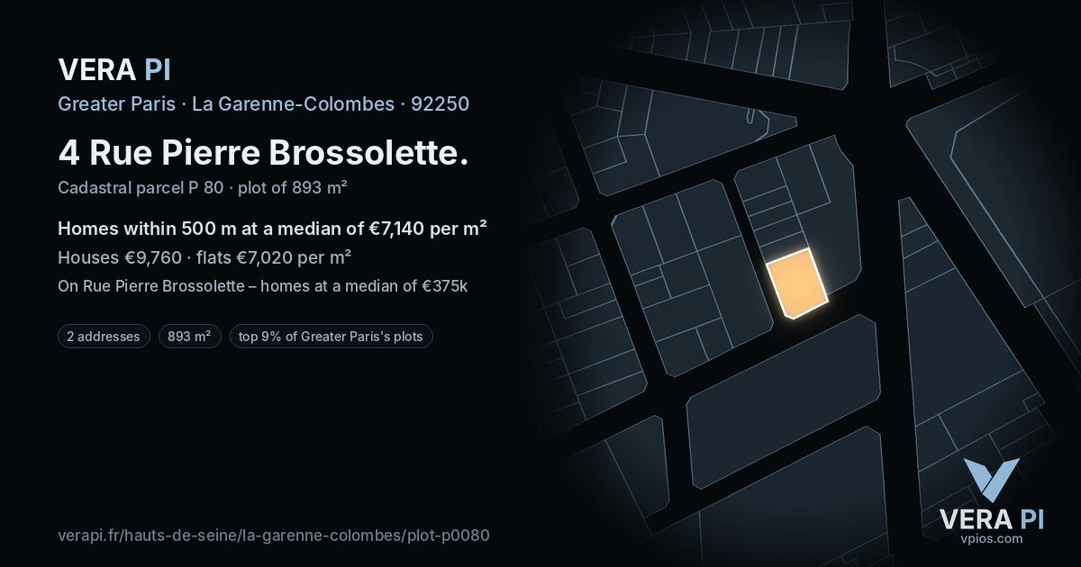 4 Rue Pierre Brossolette, La Garenne-Colombes at night – the plot lit, the parcels around coloured by the prices near them