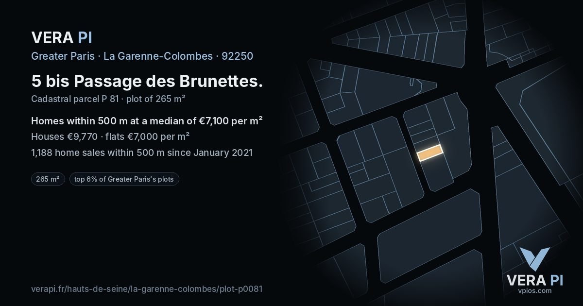 5 bis Passage des Brunettes, La Garenne-Colombes at night – the plot lit, the parcels around coloured by the prices near them