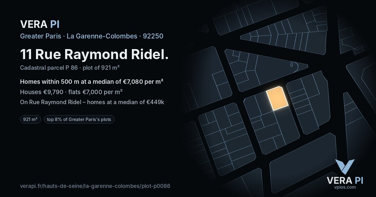 11 Rue Raymond Ridel, La Garenne-Colombes at night – the plot lit, the parcels around coloured by the prices near them