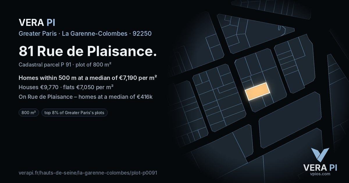 81 Rue de Plaisance, La Garenne-Colombes at night – the plot lit, the parcels around coloured by the prices near them