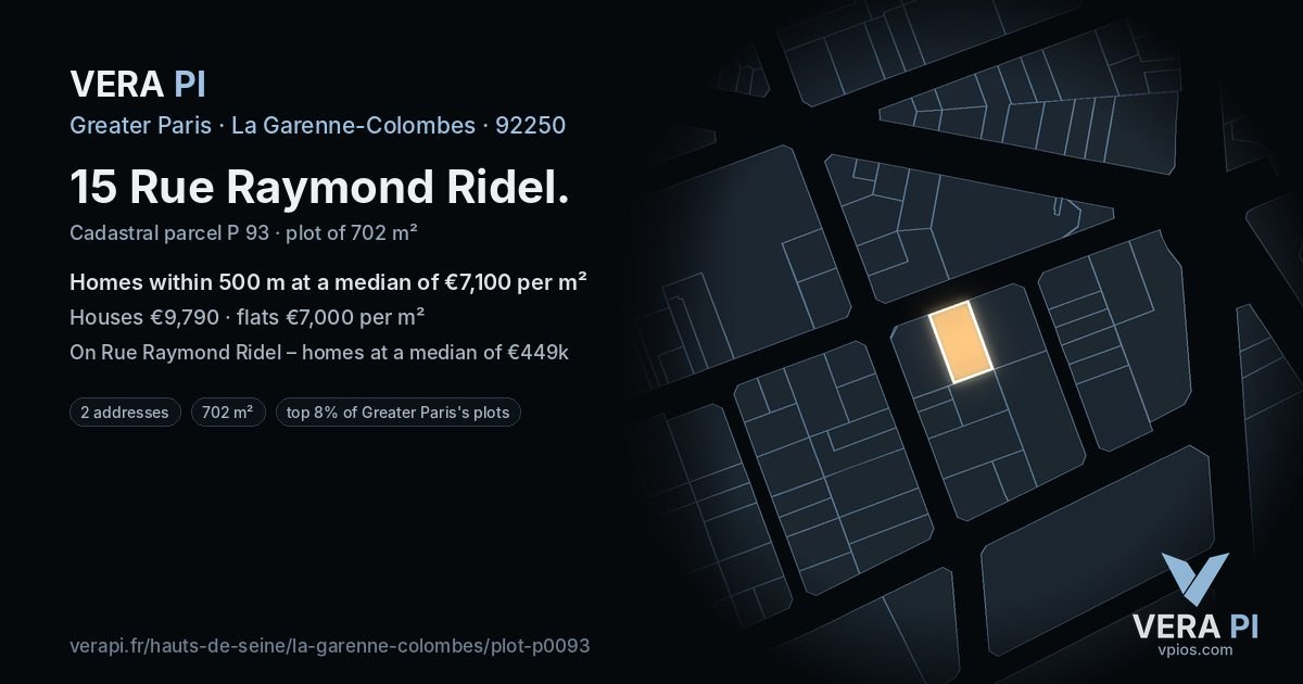15 Rue Raymond Ridel, La Garenne-Colombes at night – the plot lit, the parcels around coloured by the prices near them