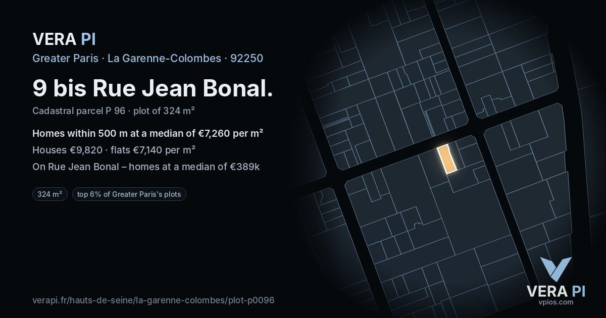 9 bis Rue Jean Bonal, La Garenne-Colombes at night – the plot lit, the parcels around coloured by the prices near them