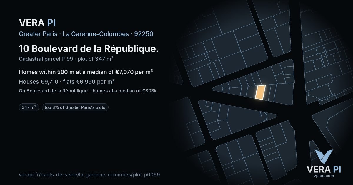 10 Boulevard de la République, La Garenne-Colombes at night – the plot lit, the parcels around coloured by the prices near them