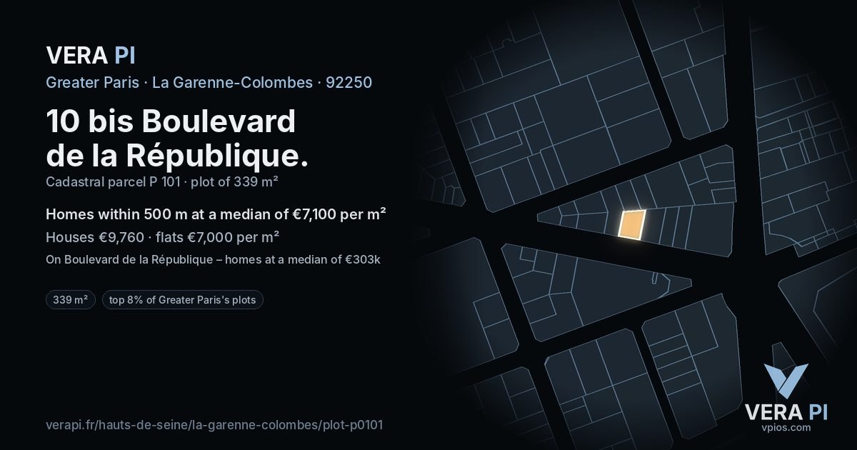 10 bis Boulevard de la République, La Garenne-Colombes at night – the plot lit, the parcels around coloured by the prices near them