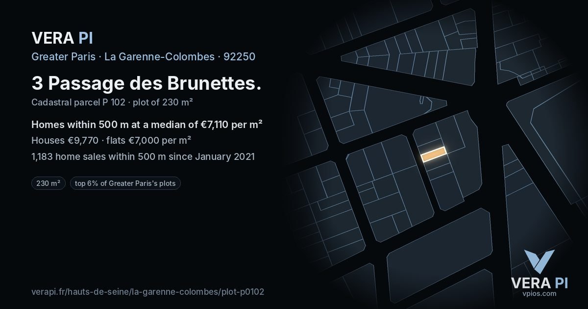 3 Passage des Brunettes, La Garenne-Colombes at night – the plot lit, the parcels around coloured by the prices near them