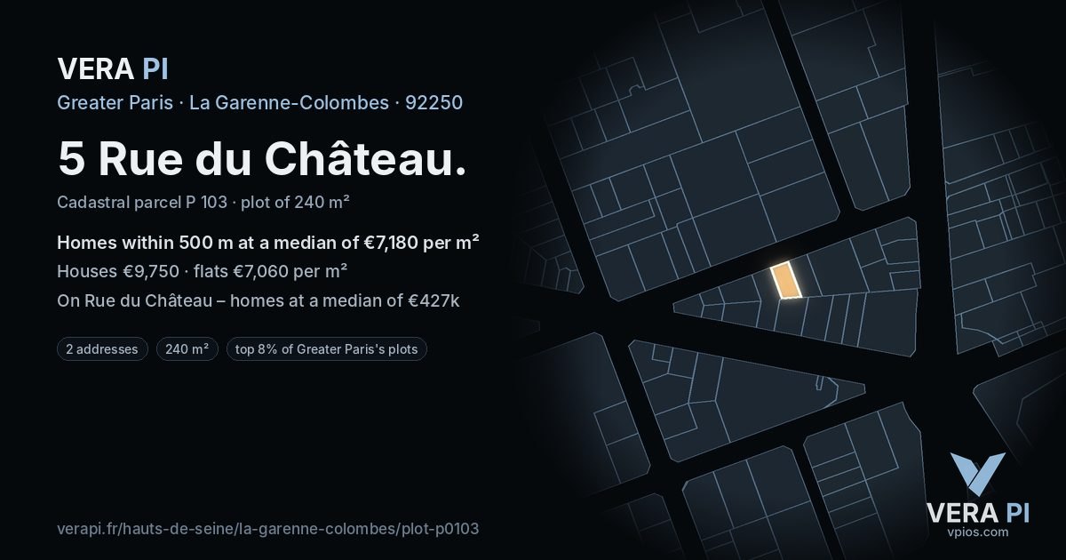 5 Rue du Château, La Garenne-Colombes at night – the plot lit, the parcels around coloured by the prices near them