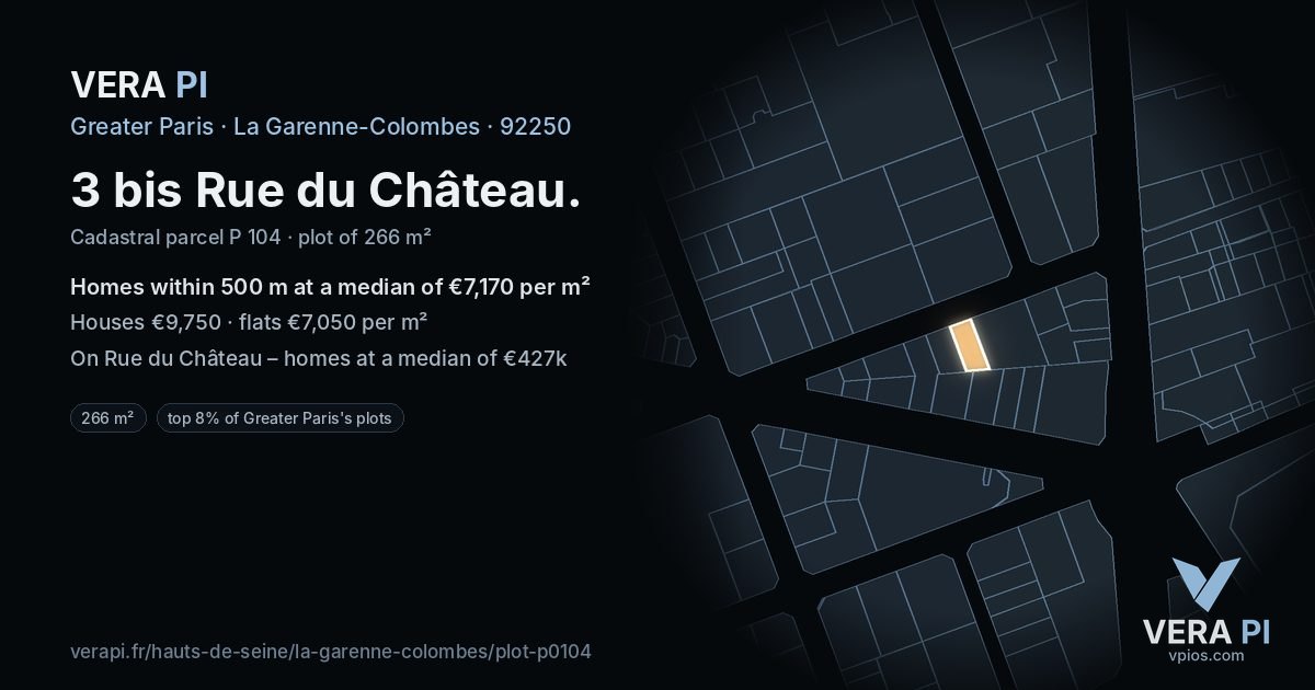 3 bis Rue du Château, La Garenne-Colombes at night – the plot lit, the parcels around coloured by the prices near them