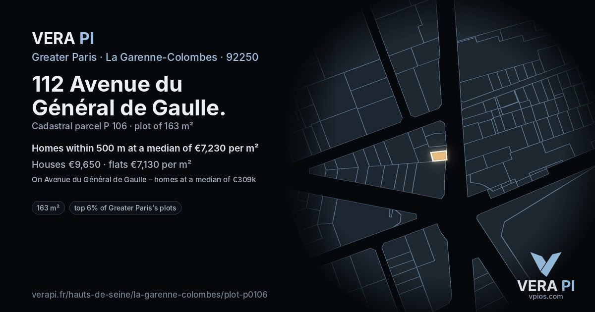 112 Avenue du Général de Gaulle, La Garenne-Colombes at night – the plot lit, the parcels around coloured by the prices near them