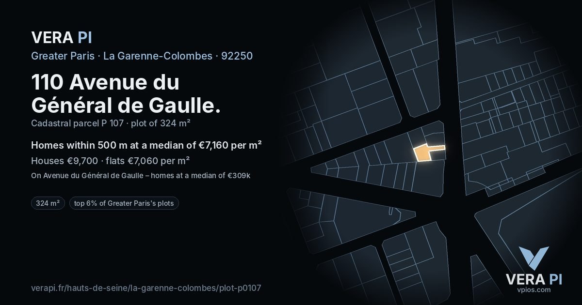 110 Avenue du Général de Gaulle, La Garenne-Colombes at night – the plot lit, the parcels around coloured by the prices near them