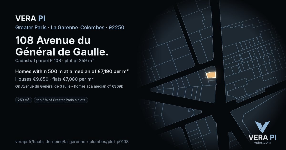 108 Avenue du Général de Gaulle, La Garenne-Colombes at night – the plot lit, the parcels around coloured by the prices near them