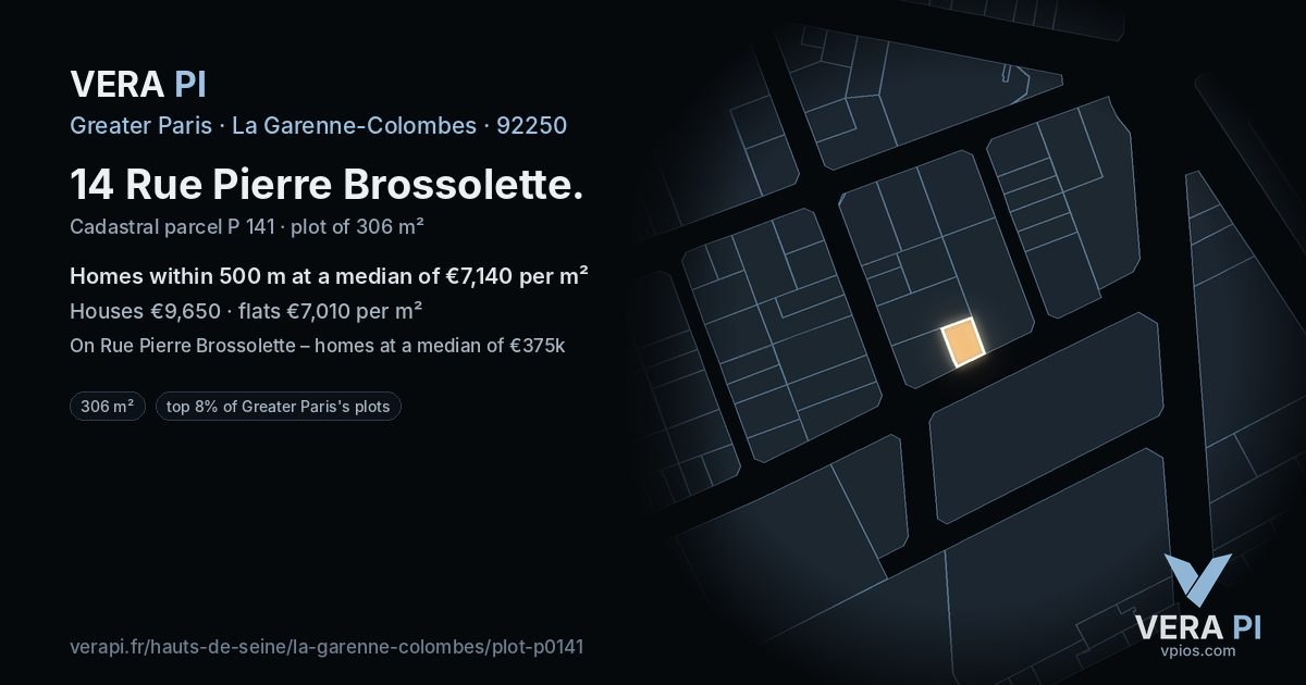 14 Rue Pierre Brossolette, La Garenne-Colombes at night – the plot lit, the parcels around coloured by the prices near them