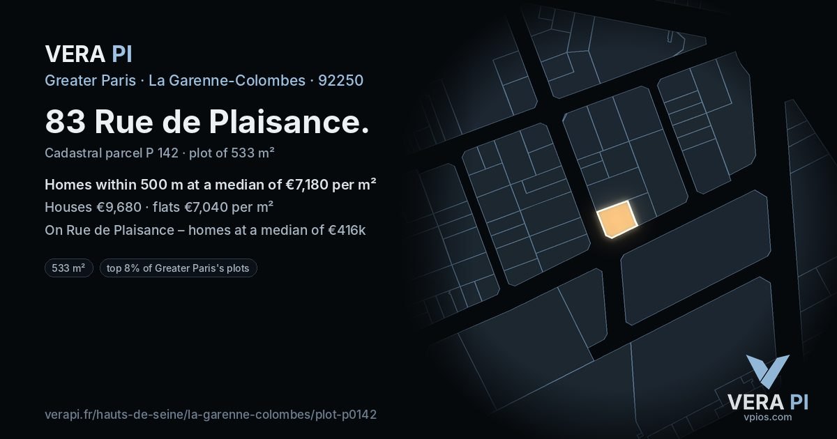 83 Rue de Plaisance, La Garenne-Colombes at night – the plot lit, the parcels around coloured by the prices near them