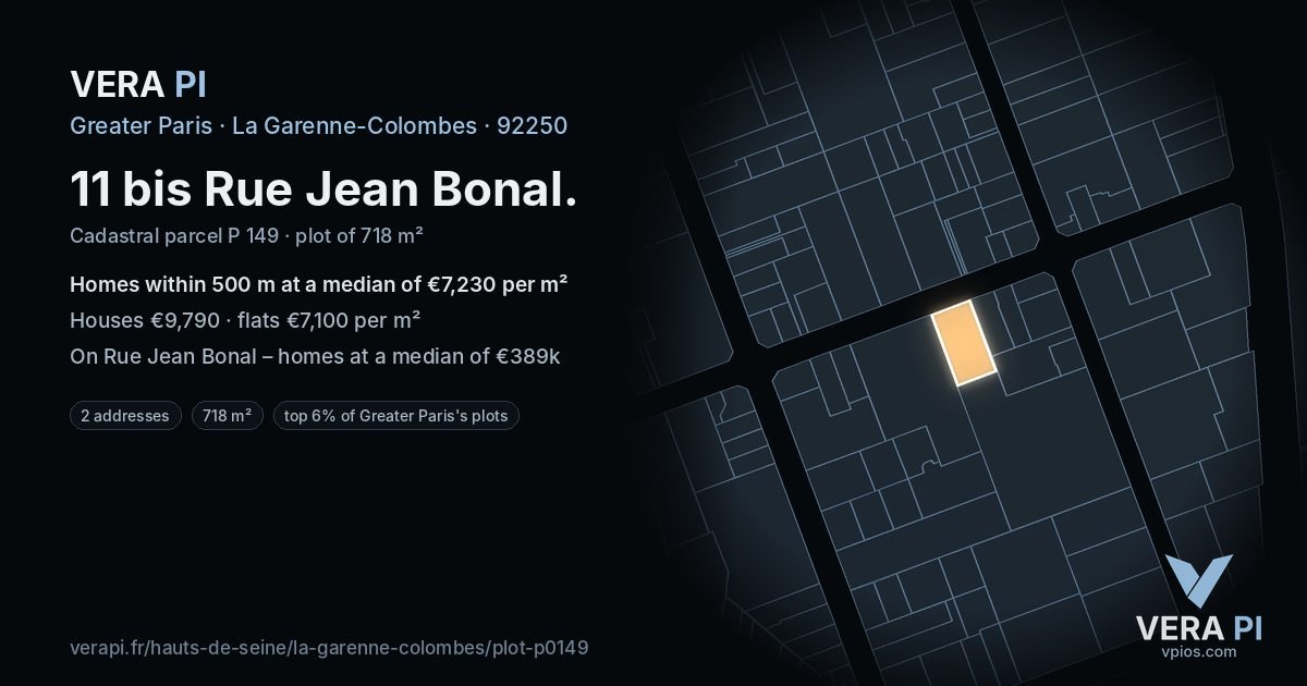 11 bis Rue Jean Bonal, La Garenne-Colombes at night – the plot lit, the parcels around coloured by the prices near them