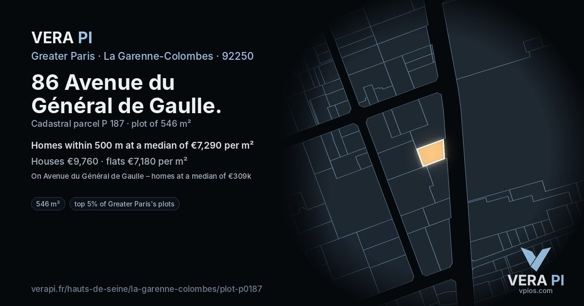 86 Avenue du Général de Gaulle, La Garenne-Colombes at night – the plot lit, the parcels around coloured by the prices near them